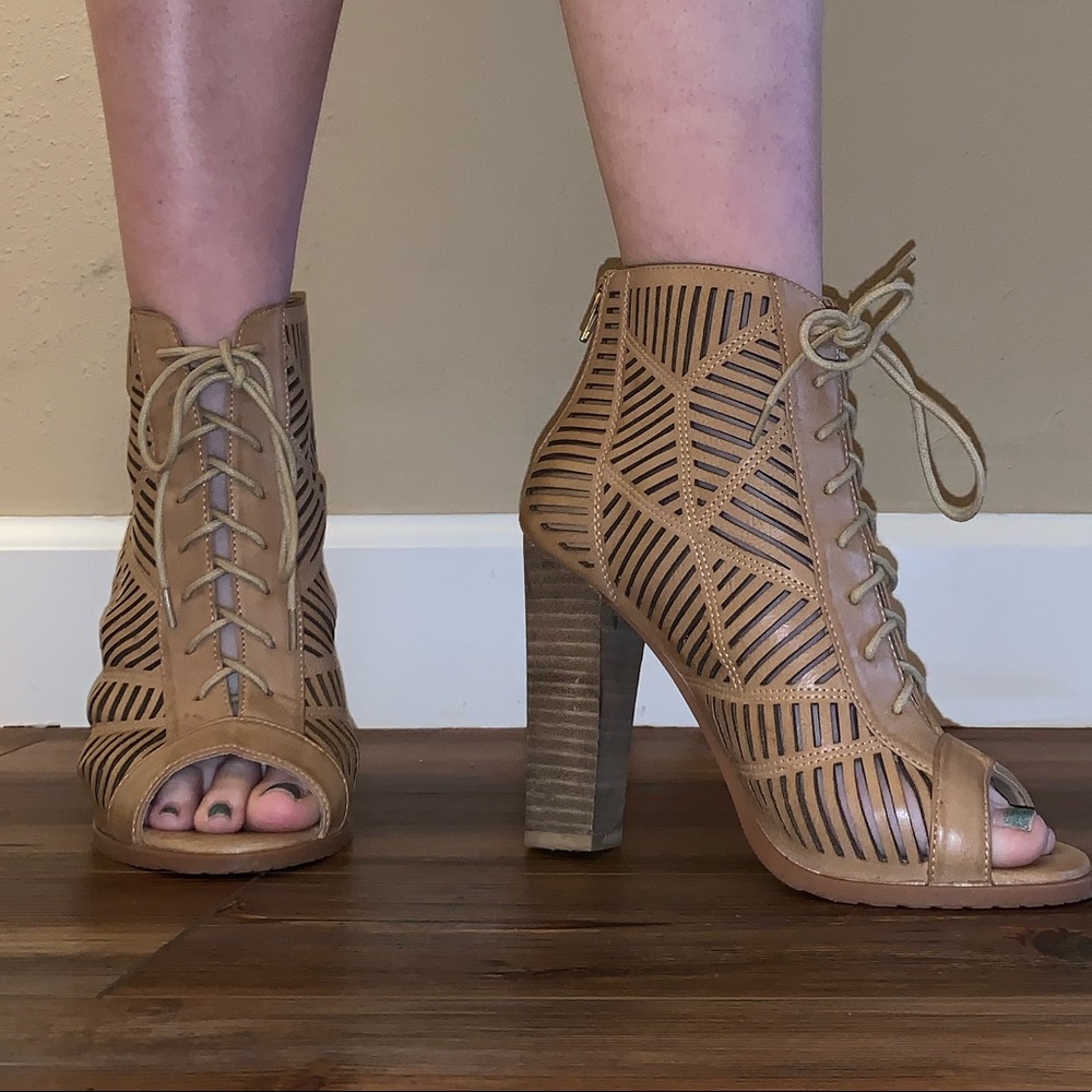 Tan, Patterned High Heels With Laces